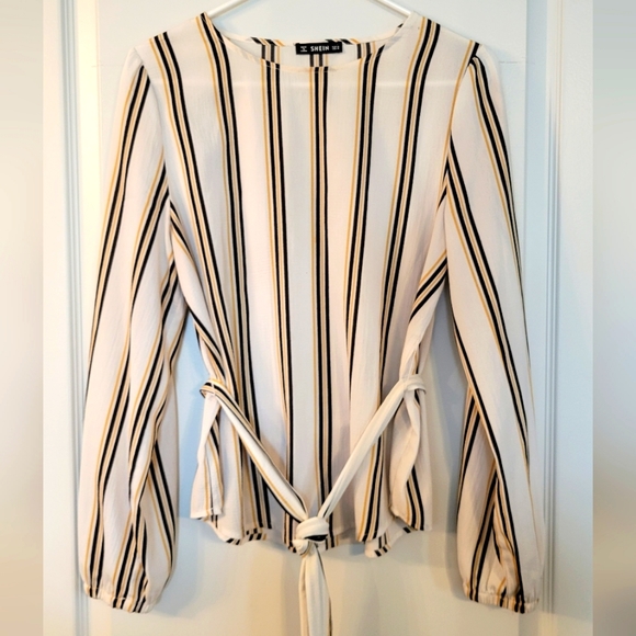 Long Sleeved Striped Top with Tie - Picture 1 of 3